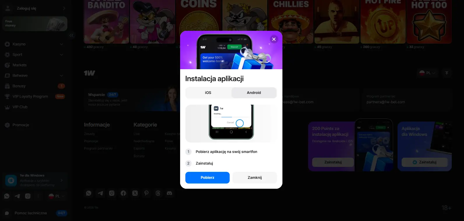 1win Casino na telefonie APK iPhone przeglądarka